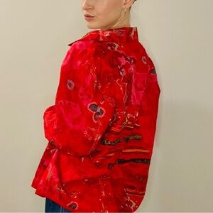 100% silk red and pink tropical abstract print button down jacket